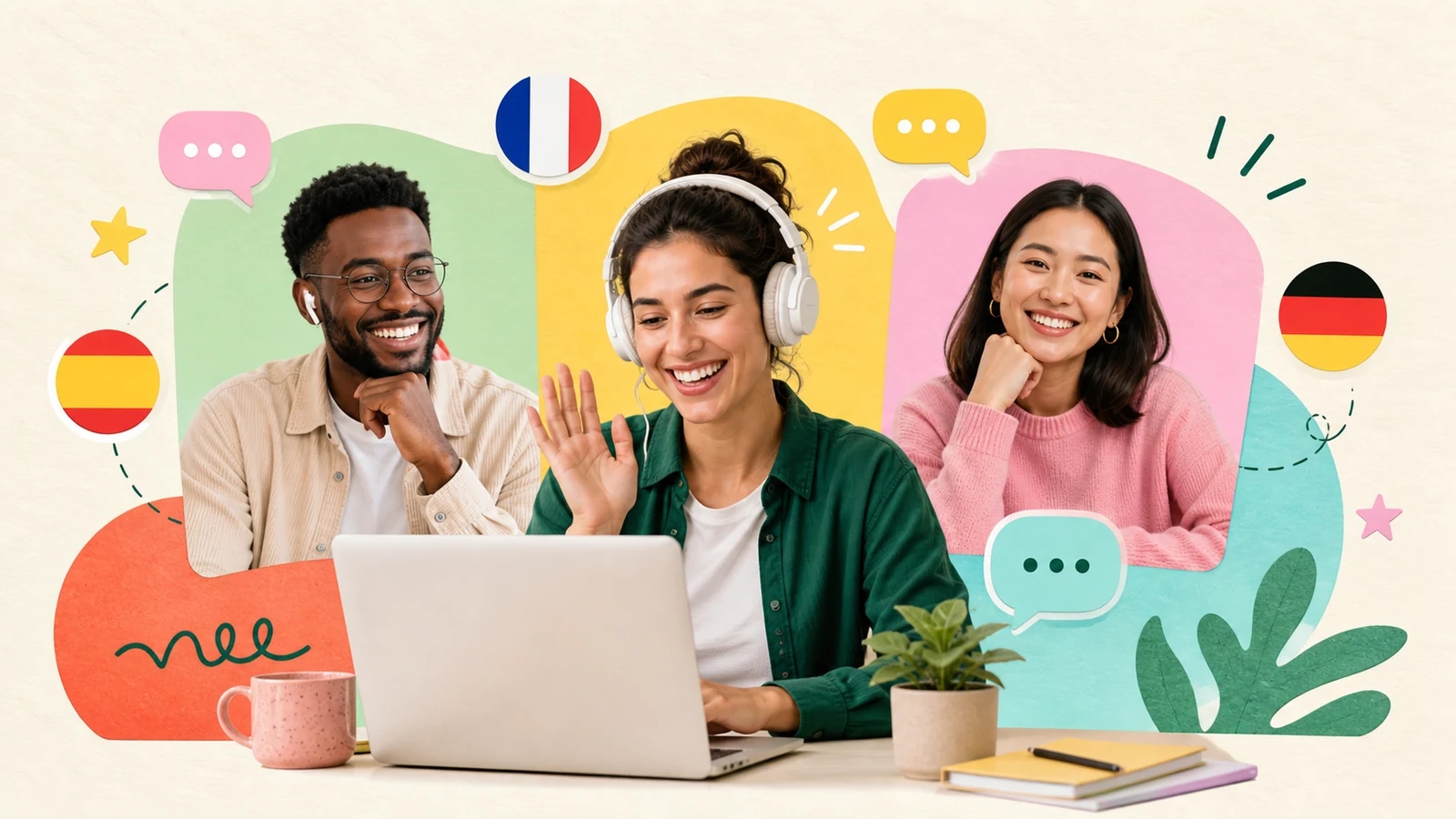 A joyful group of learners connecting through an online language lesson