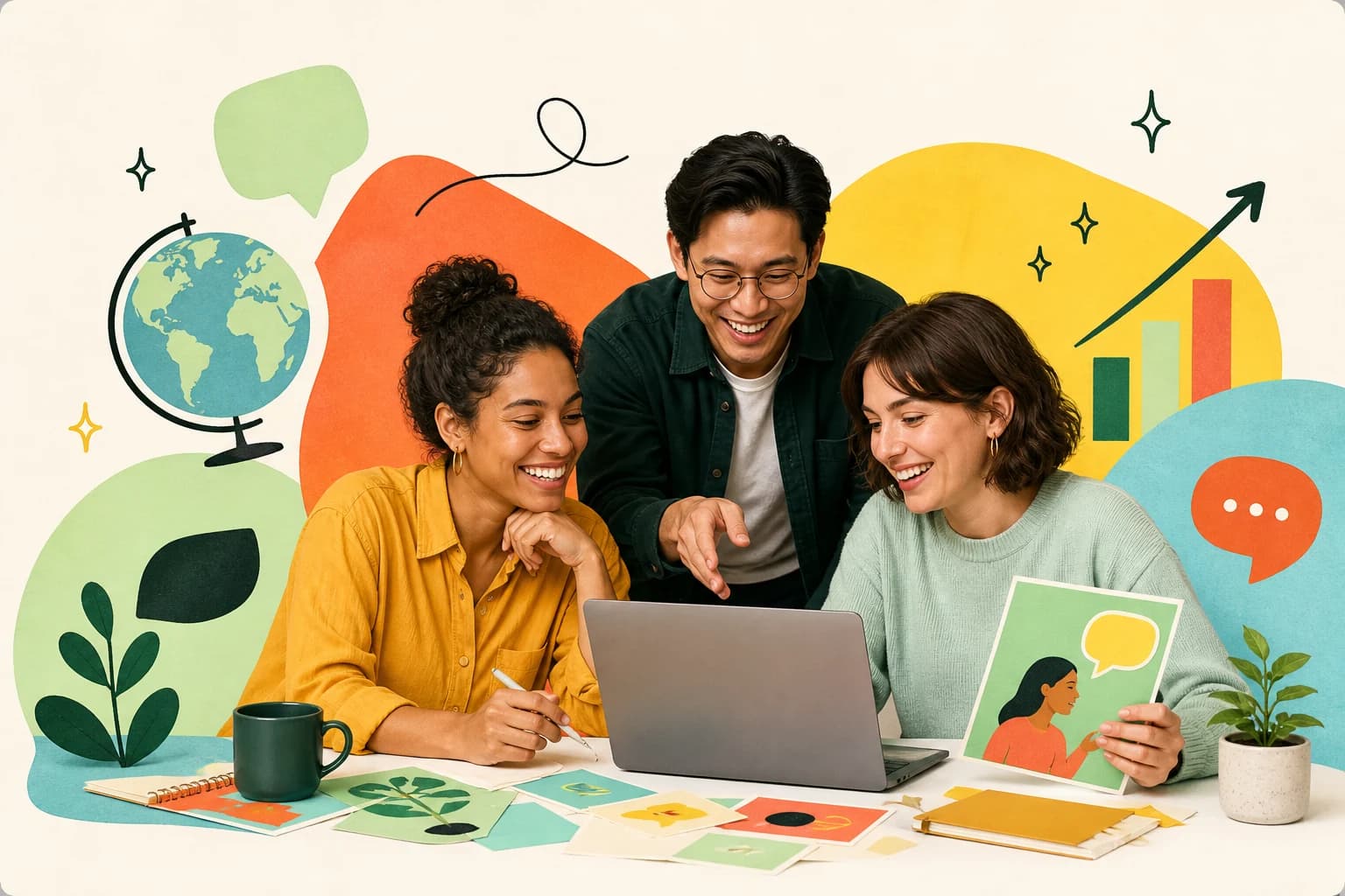 Creators and business partners collaborating on a global language learning campaign