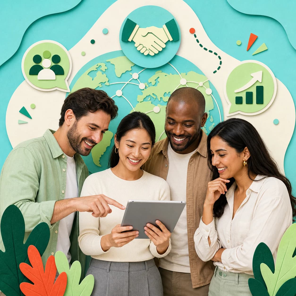 A diverse organization team planning a global learning partnership